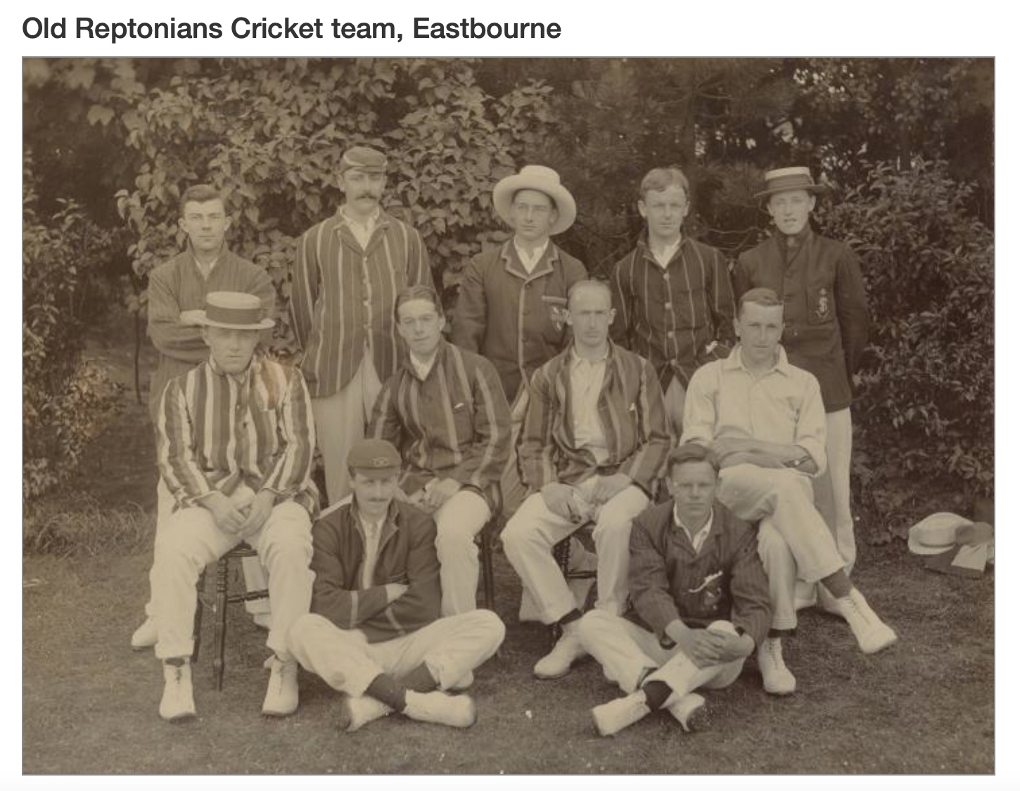 1907 — Standing: AL Mark, Rev H Sturt (?), CG Barnardo, RC Parkin, F Trotter (?). Seated: T Horton, AF Morcom, FRD'O Monro, FH Bryant. Ground: WH Twigg, FW Twigg.