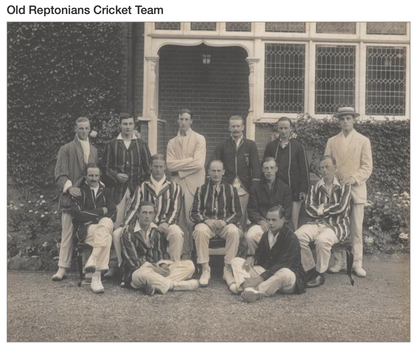 1912 — Standing: GL Rutherford, GR Pedder, Hon FSG-Calthorpe, CF Lance, FW Twigg, WB Franklin. Seated: WH Twigg, J Thwaites, FRD'O Monro, HS Altham, Dr AF Morcom. Ground: IPF Campbell, GL Clark.